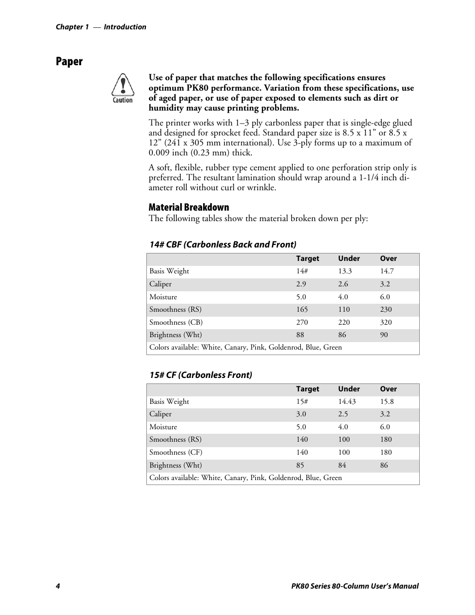 Paper, Material breakdown | Intermec PK80 User Manual | Page 16 / 84