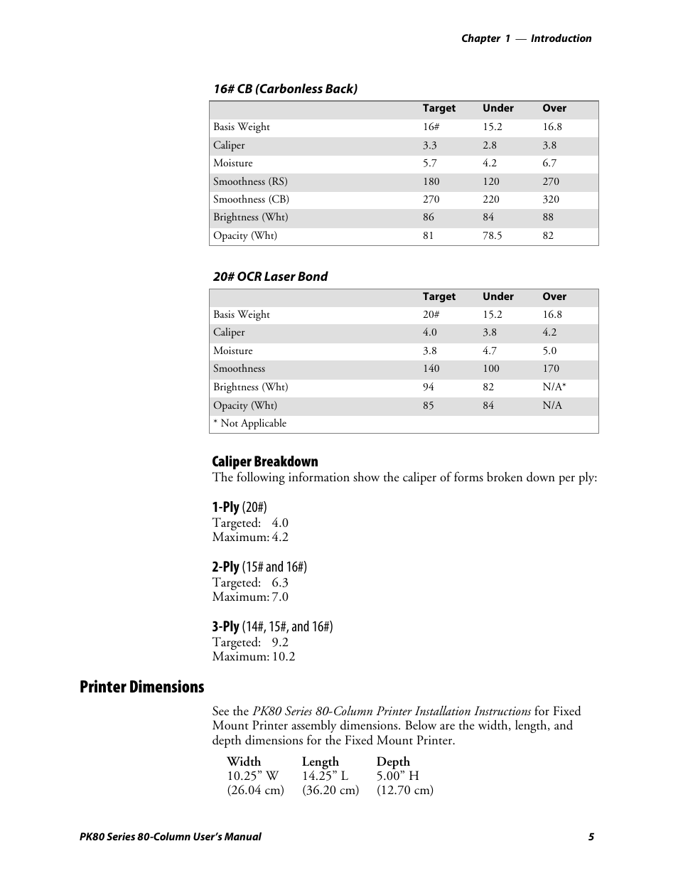 Caliper breakdown, Printer dimensions, Ply (20#) | Ply (15# and 16#) | Intermec PK80 User Manual | Page 17 / 84
