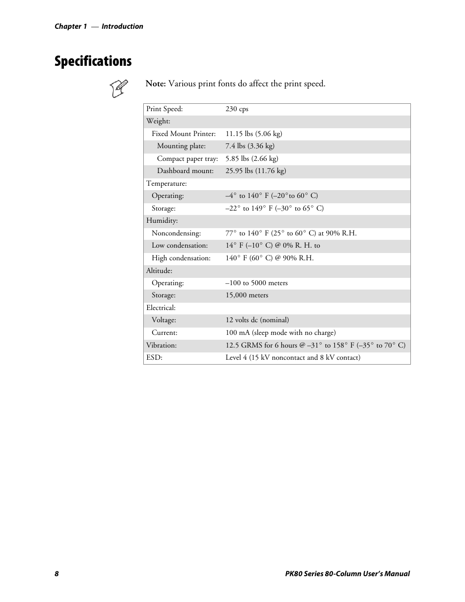 Specifications | Intermec PK80 User Manual | Page 20 / 84