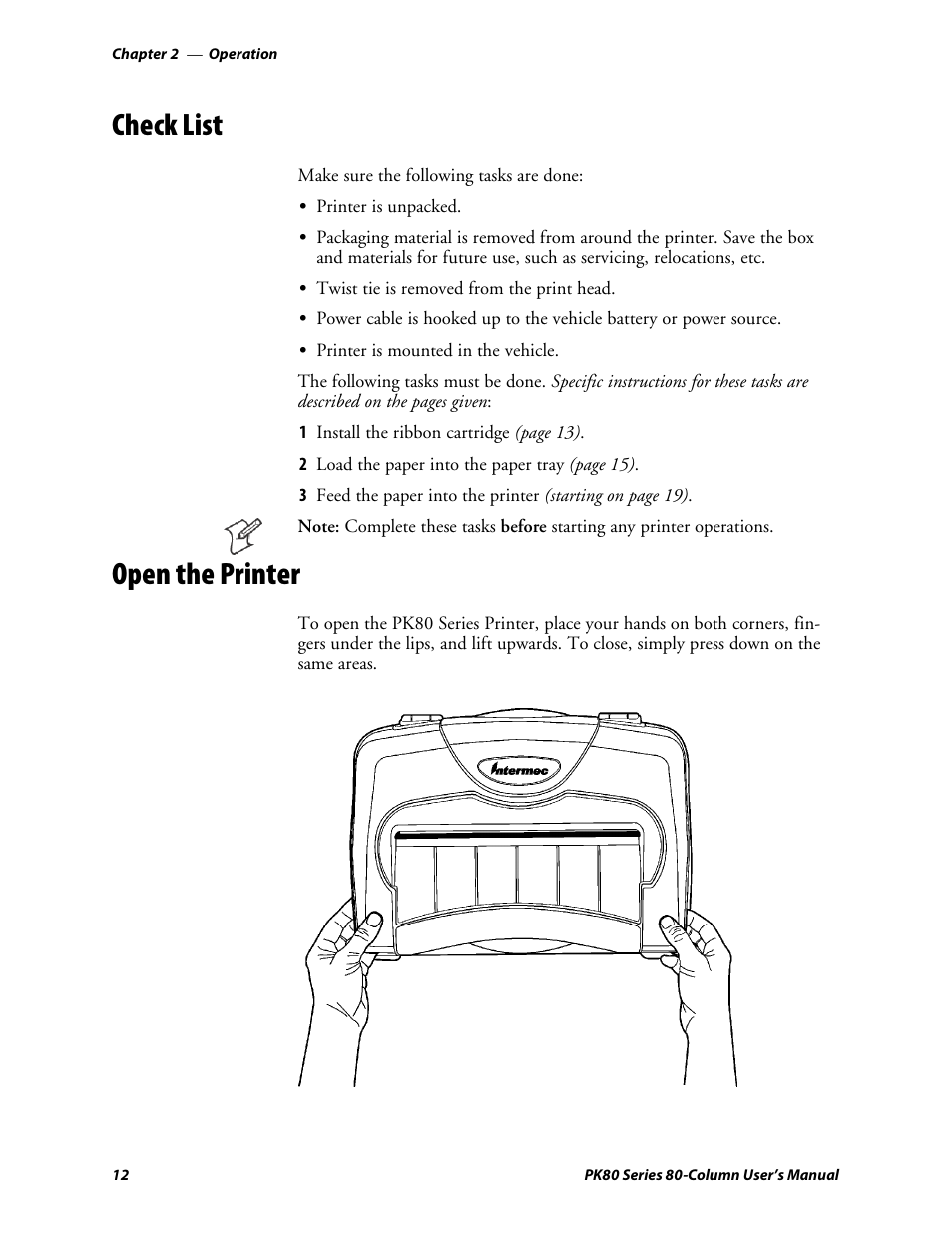 Check list, Open the printer | Intermec PK80 User Manual | Page 24 / 84