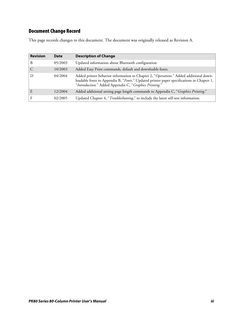 Document change record | Intermec PK80 User Manual | Page 3 / 84