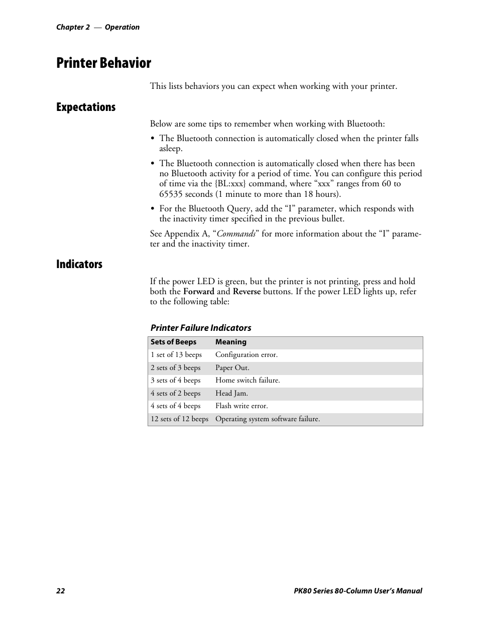 Printer behavior, Expectations, Indicators | Intermec PK80 User Manual | Page 34 / 84