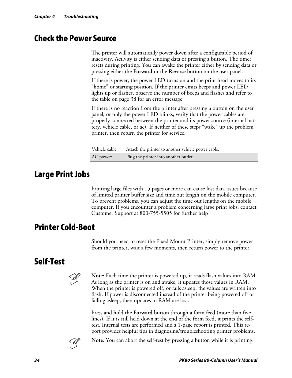 Check the power source, Large print jobs, Printer cold-boot | Self-test | Intermec PK80 User Manual | Page 46 / 84