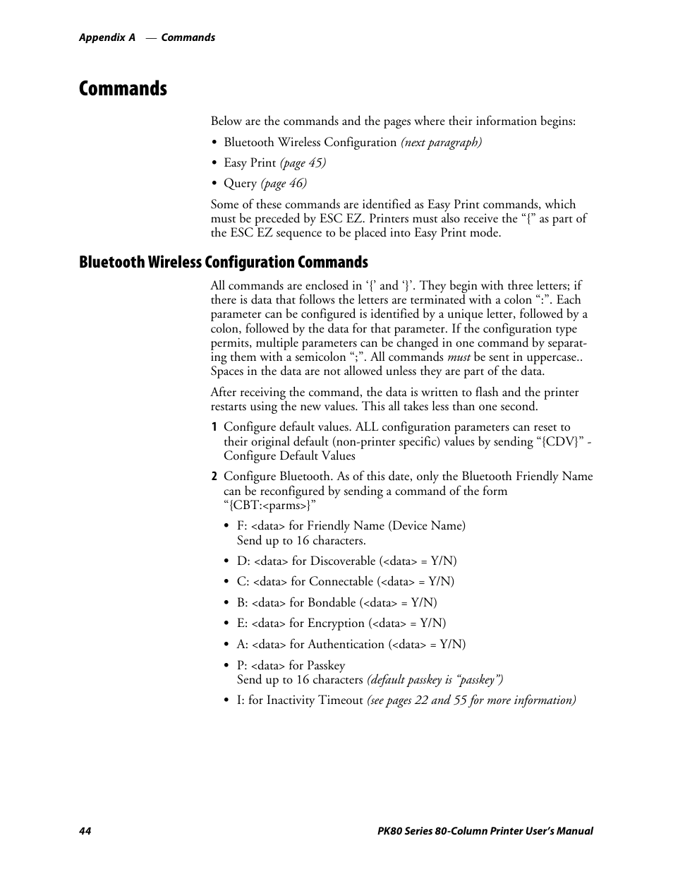 Commands, Bluetooth wireless configuration commands | Intermec PK80 User Manual | Page 56 / 84