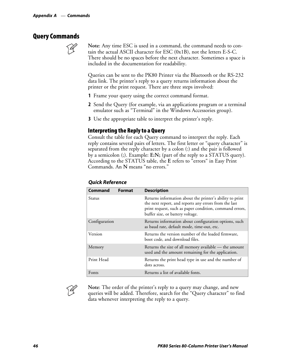 Query commands, Interpreting the reply to a query | Intermec PK80 User Manual | Page 58 / 84