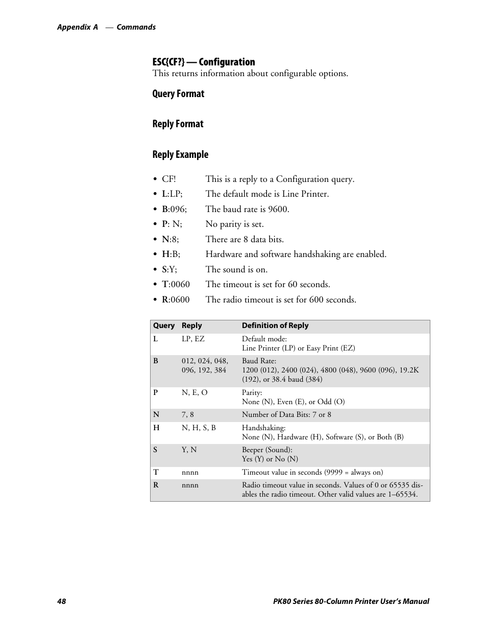 Esc{cf?} — configuration, Query format, Reply format | Reply example | Intermec PK80 User Manual | Page 60 / 84
