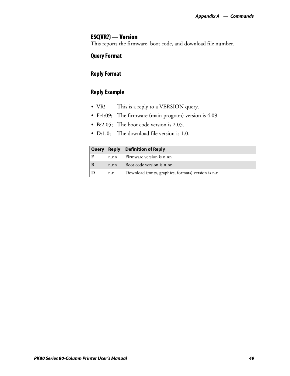 Esc{vr?} — version, Query format, Reply format | Reply example | Intermec PK80 User Manual | Page 61 / 84