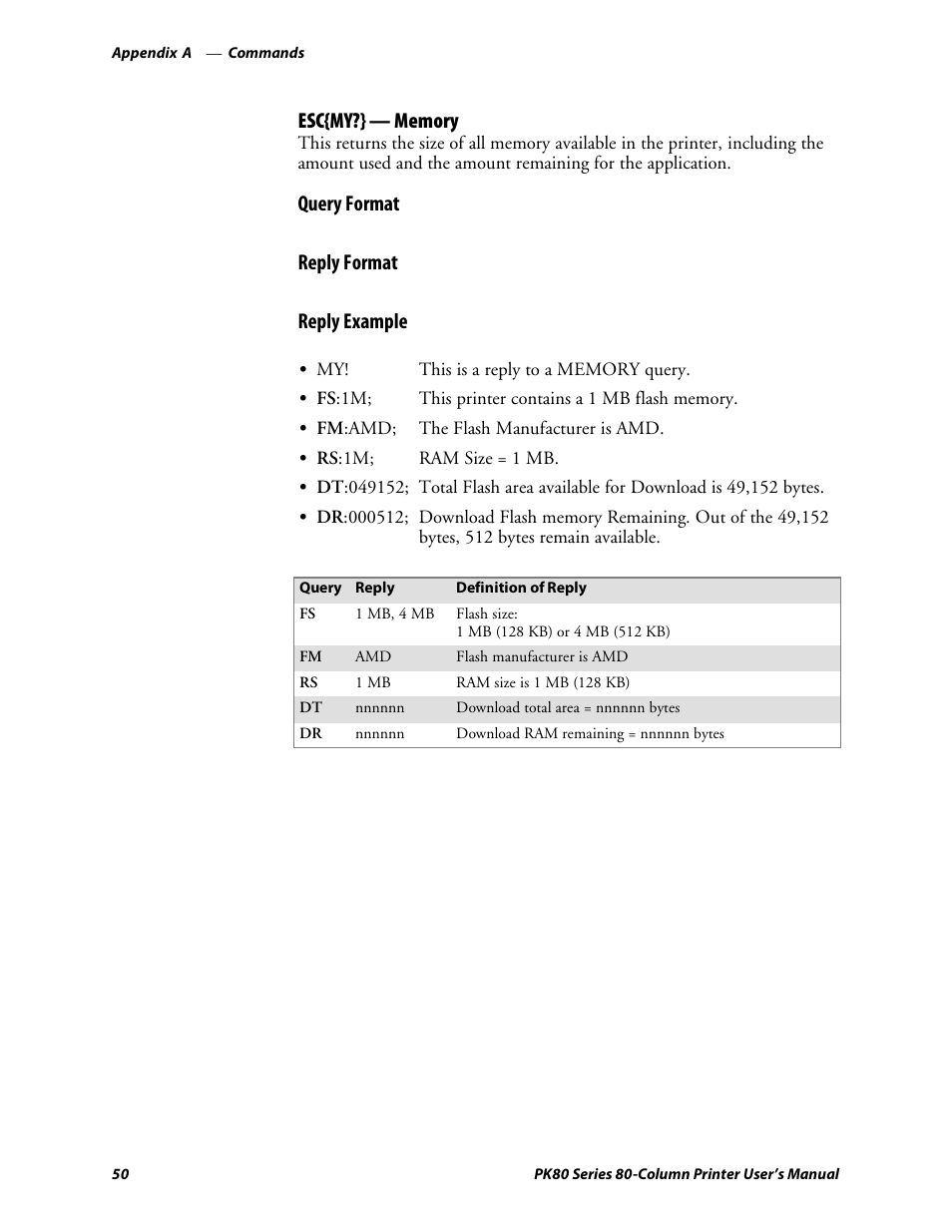 Query format, Reply format, Reply example | Intermec PK80 User Manual | Page 62 / 84