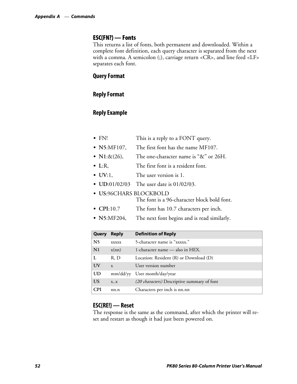 Esc{fn?} — fonts, Query format, Reply format | Reply example, Esc{re!} — reset | Intermec PK80 User Manual | Page 64 / 84