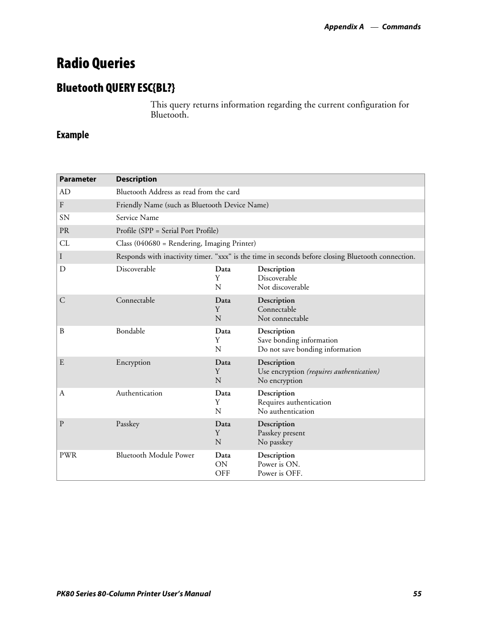 Radio queries, Bluetooth query esc{bl, Example | Intermec PK80 User Manual | Page 67 / 84