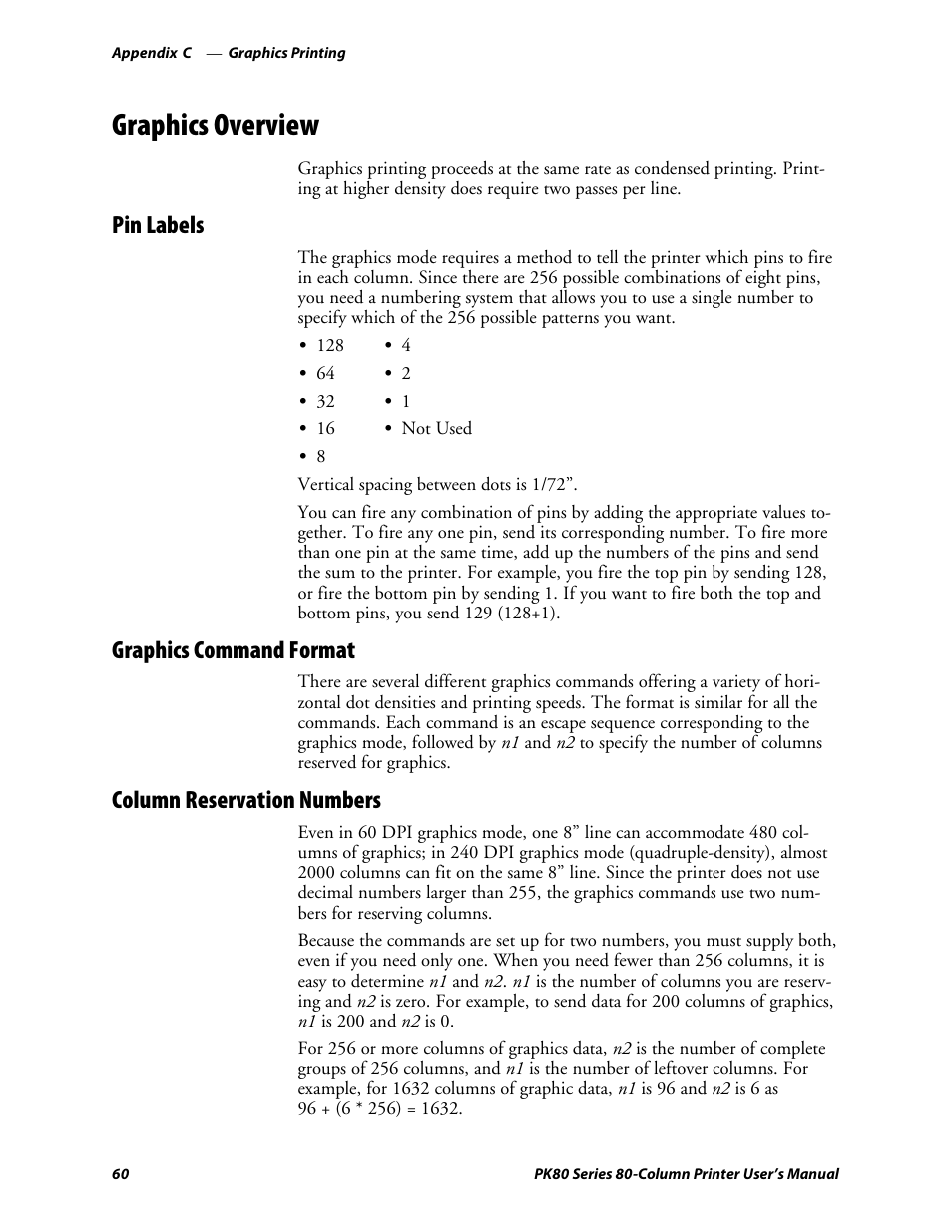 Graphics overview, Pin labels, Graphics command format | Column reservation numbers | Intermec PK80 User Manual | Page 72 / 84
