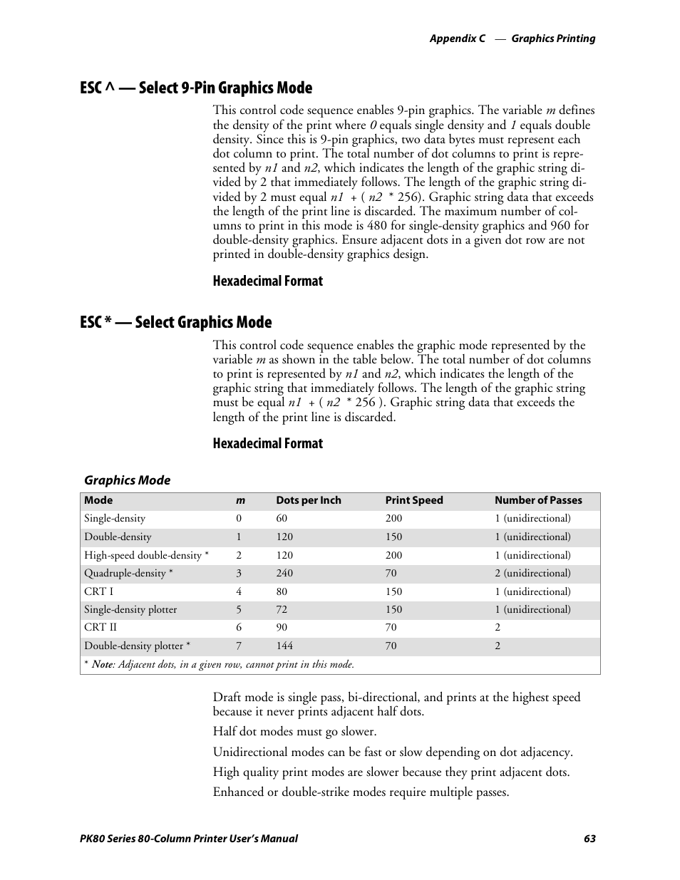 Esc ^—select 9-pin graphics mode, Esc *—select graphics mode, Esc ^ — select 9-pin graphics mode | Esc * — select graphics mode, Hexadecimal format | Intermec PK80 User Manual | Page 75 / 84