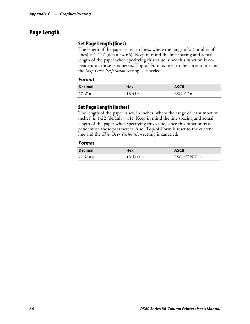 Page length, Set page length (lines), Set page length (inches) | Intermec PK80 User Manual | Page 78 / 84