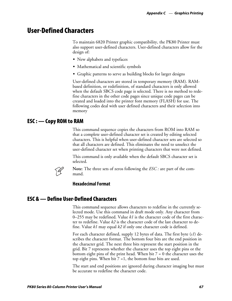 User-defined characters, Esc :—copy rom to ram, Esc &—define user-defined characters | Esc : — copy rom to ram, Esc & — define user-defined characters | Intermec PK80 User Manual | Page 79 / 84