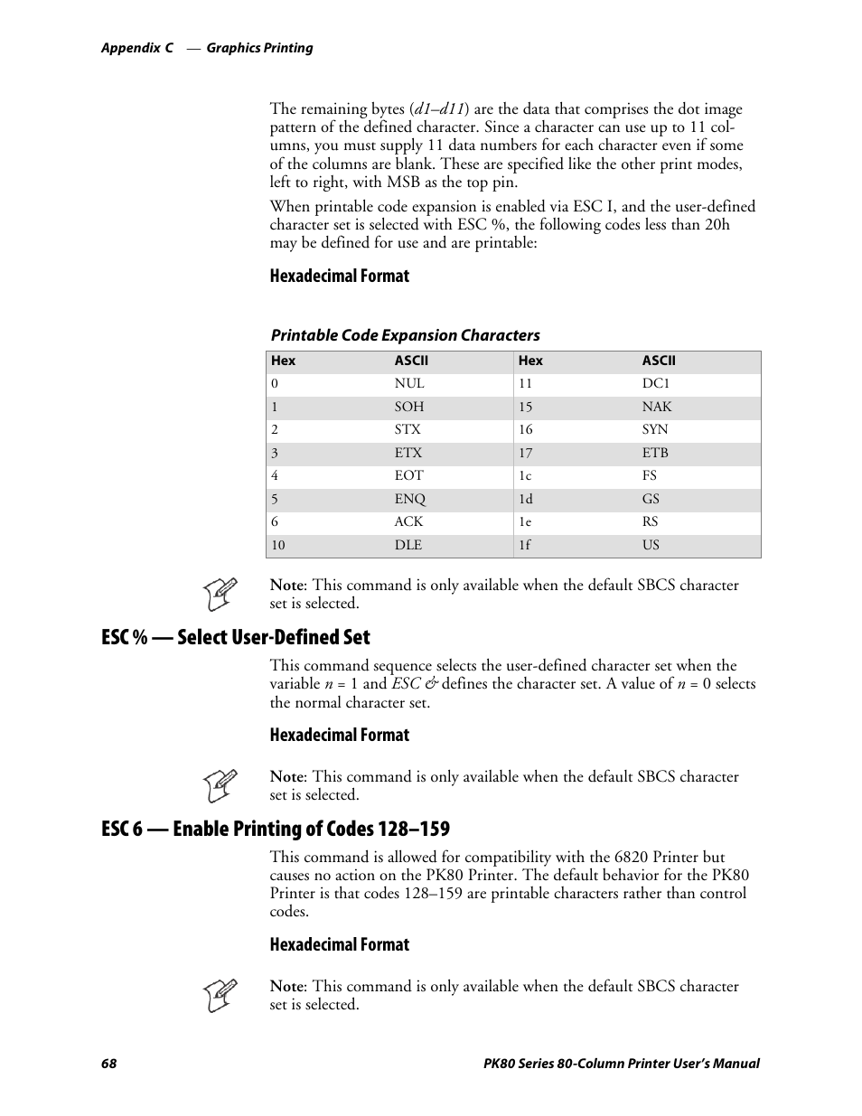 Esc%—select user-defined set, Esc 6—enable printing of codes 128–159, Esc % — select user-defined set | Hexadecimal format | Intermec PK80 User Manual | Page 80 / 84