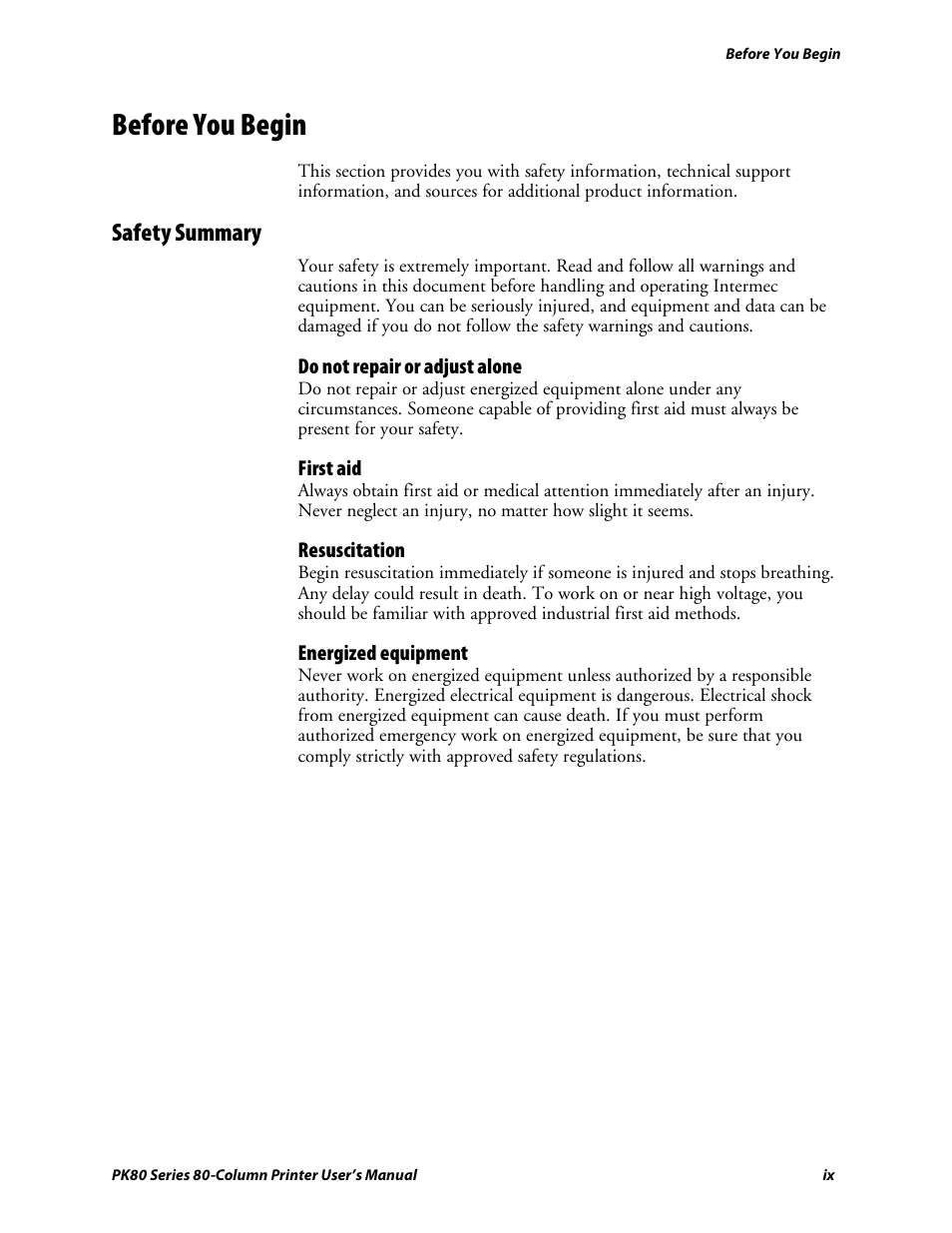 Before you begin, Safety summary | Intermec PK80 User Manual | Page 9 / 84