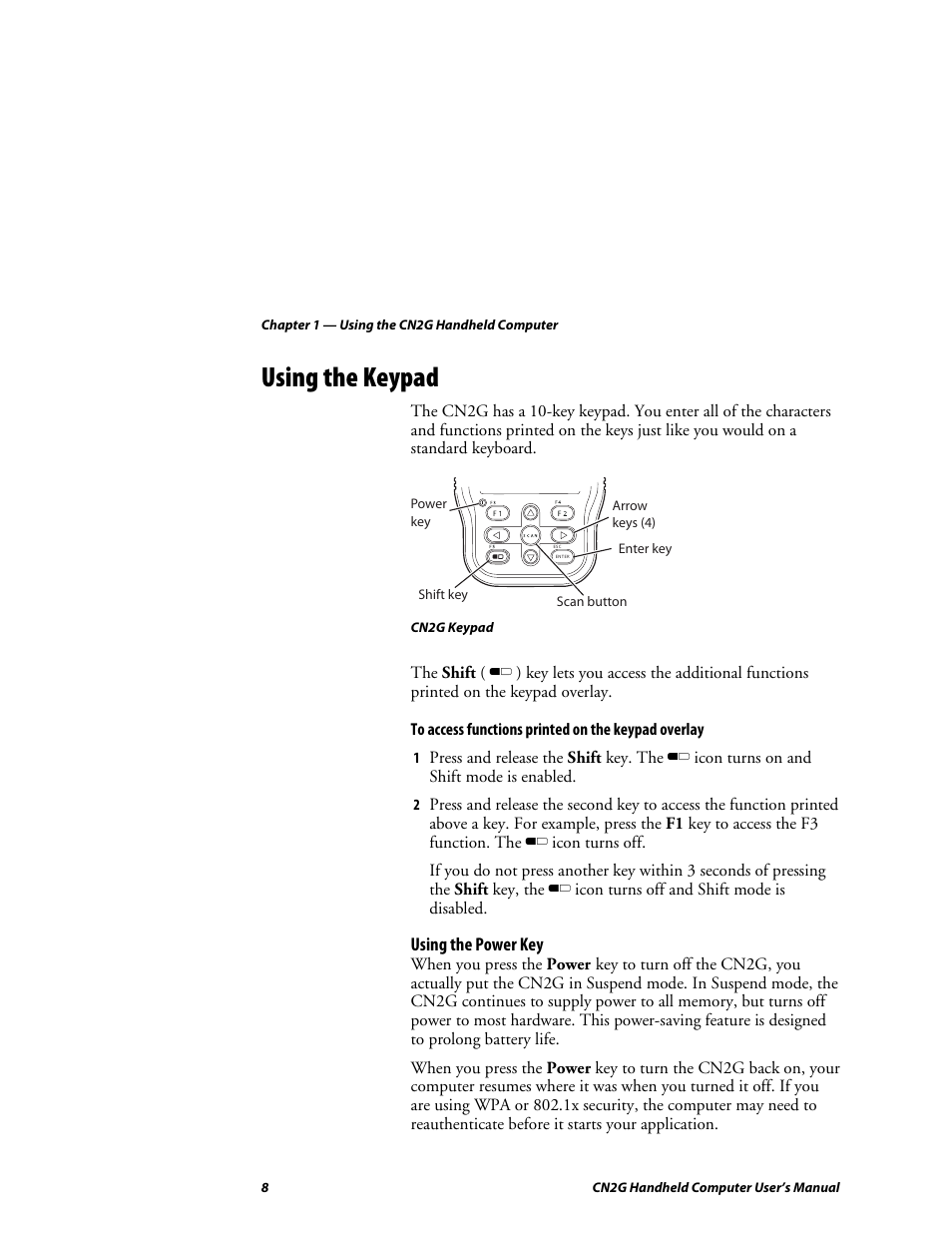 Using the keypad, Using the power key | Intermec CN2G User Manual | Page 20 / 102