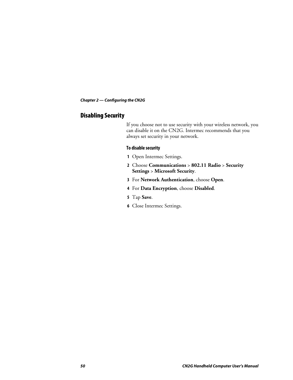 Disabling security | Intermec CN2G User Manual | Page 62 / 102