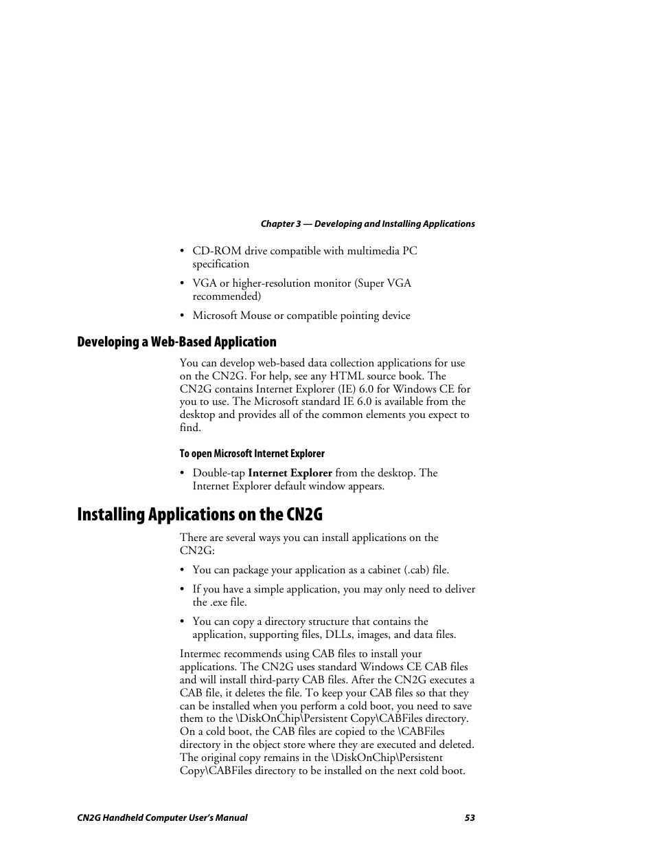 Developing a web-based application, Installing applications on the cn2g | Intermec CN2G User Manual | Page 65 / 102