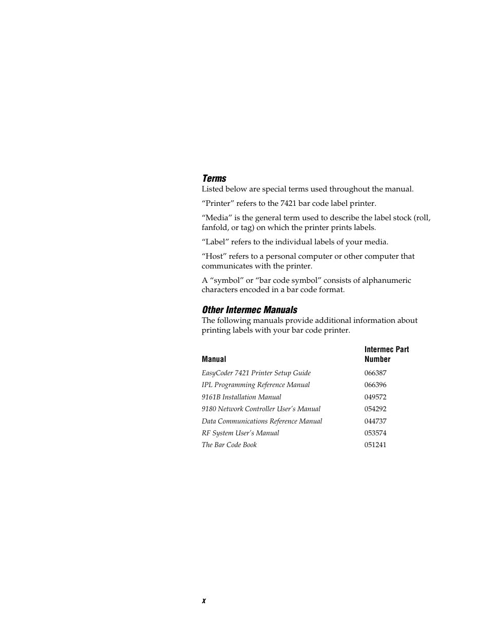 Terms, Other intermec manuals | Intermec EASYCODER 7421 User Manual | Page 10 / 98