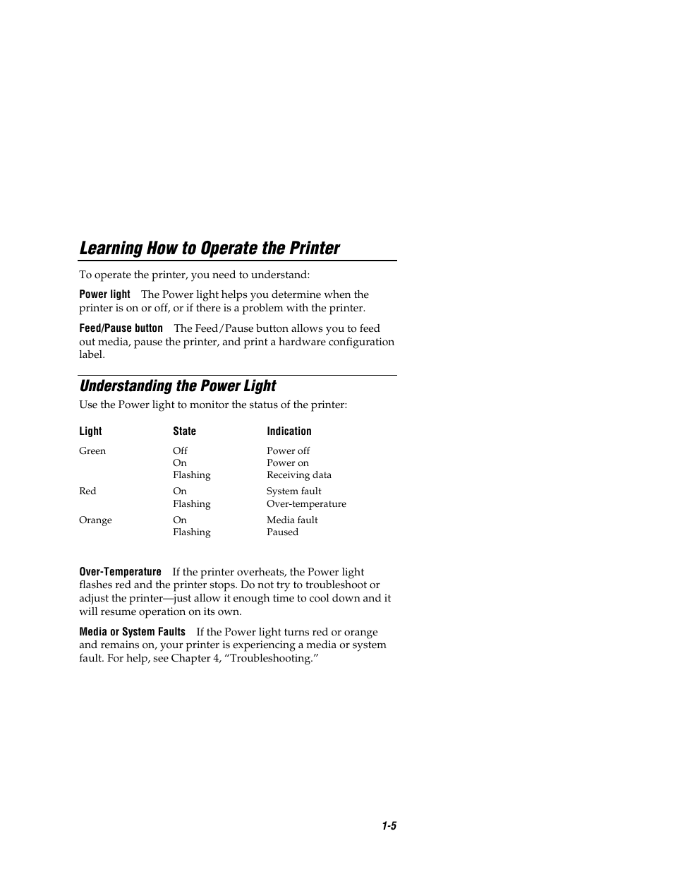 Learning how to operate the printer, Understanding the power light | Intermec EASYCODER 7421 User Manual | Page 15 / 98