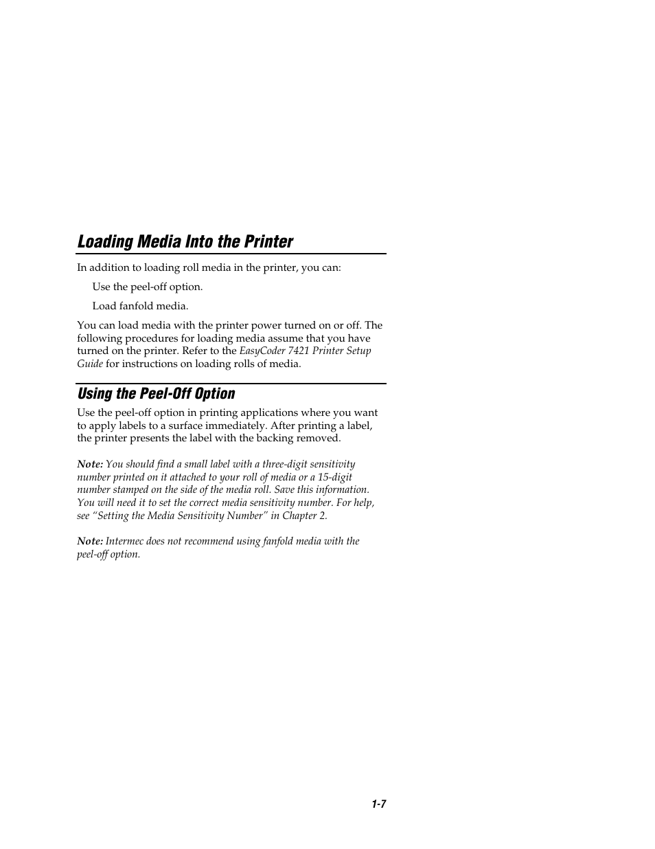 Loading media into the printer, Using the peel-off option | Intermec EASYCODER 7421 User Manual | Page 17 / 98