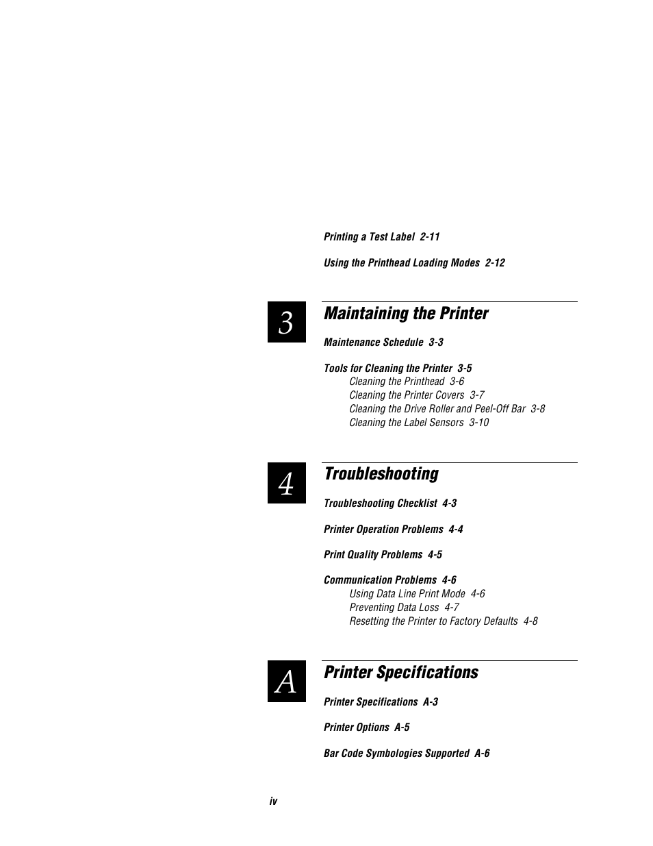 34 a, Maintaining the printer, Troubleshooting | Printer specifications | Intermec EASYCODER 7421 User Manual | Page 4 / 98