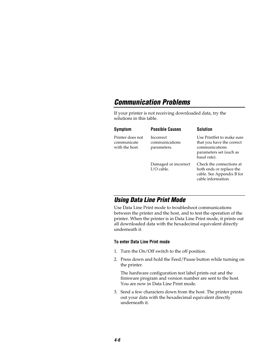 Communication problems, Using data line print mode | Intermec EASYCODER 7421 User Manual | Page 62 / 98
