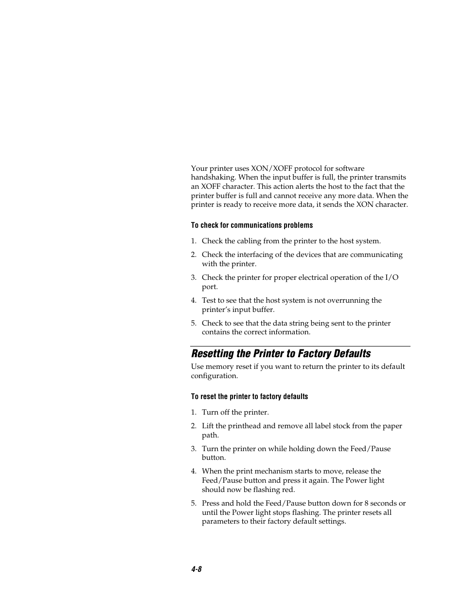 Resetting the printer to factory defaults | Intermec EASYCODER 7421 User Manual | Page 64 / 98