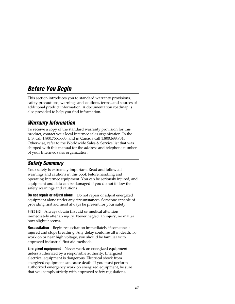 Before you begin, Warranty information, Safety summary | Intermec EASYCODER 7421 User Manual | Page 7 / 98