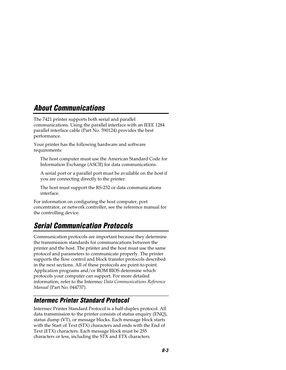 About communications, Serial communication protocols, Intermec printer standard protocol | Intermec EASYCODER 7421 User Manual | Page 73 / 98