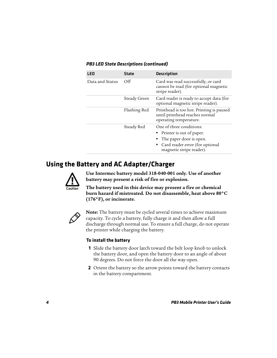 Using the battery and ac adapter/charger | Intermec Mobile PB3 User Manual | Page 14 / 38