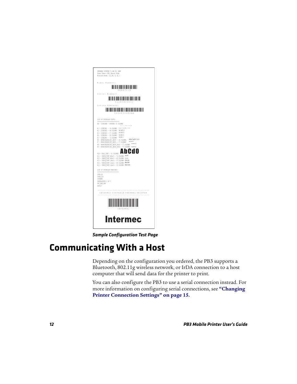 Communicating with a host, Intermec, Abcd0 | Intermec Mobile PB3 User Manual | Page 22 / 38