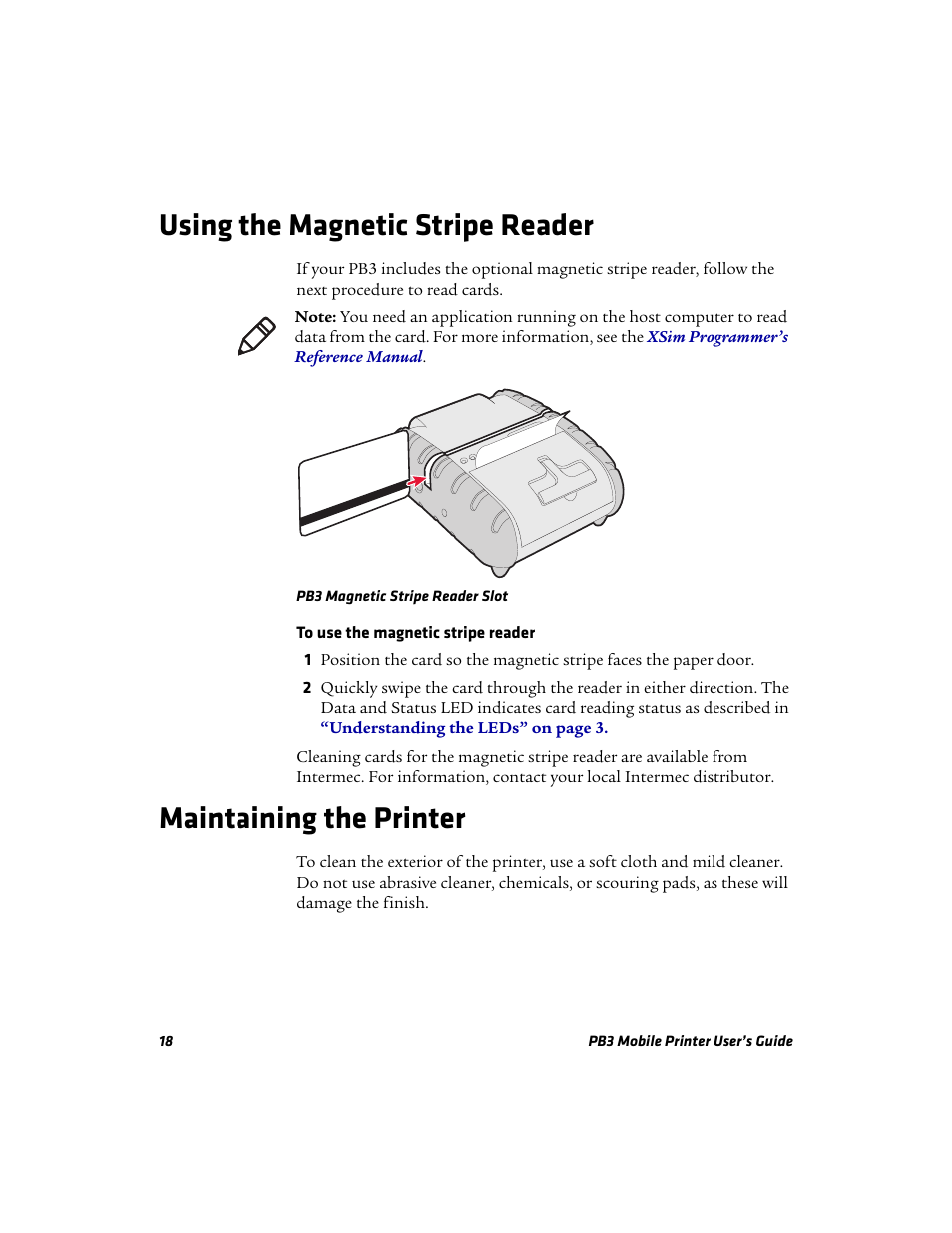 Using the magnetic stripe reader, Maintaining the printer | Intermec Mobile PB3 User Manual | Page 28 / 38