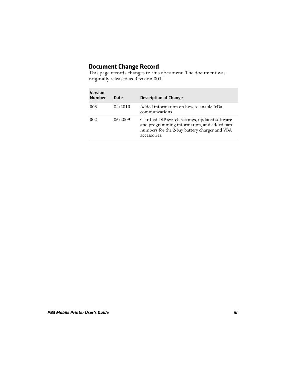 Document change record | Intermec Mobile PB3 User Manual | Page 3 / 38