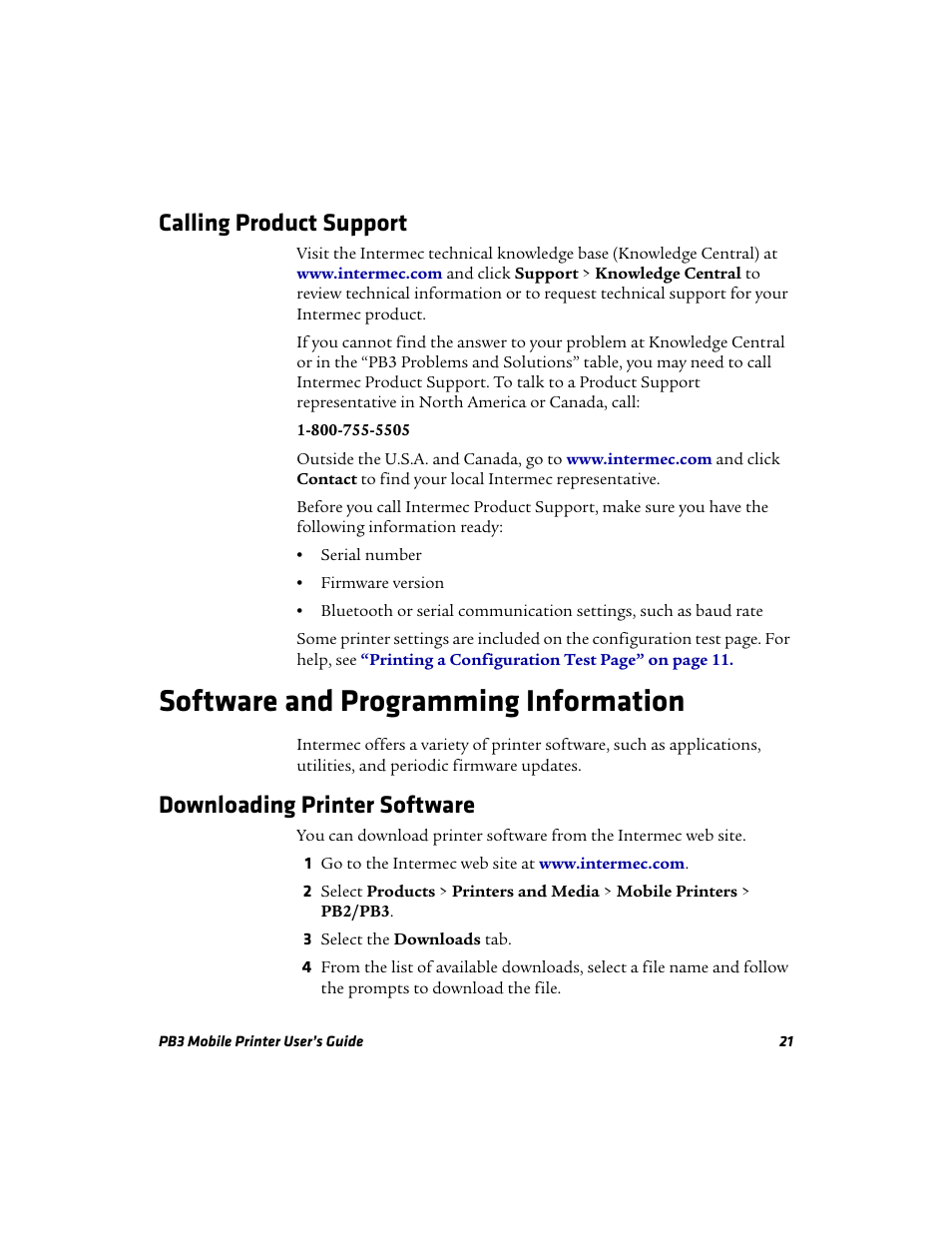 Calling product support, Software and programming information, Downloading printer software | Intermec Mobile PB3 User Manual | Page 31 / 38