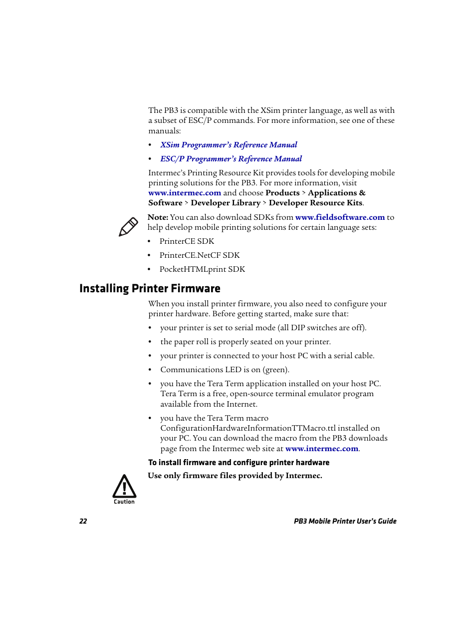 Installing printer firmware | Intermec Mobile PB3 User Manual | Page 32 / 38