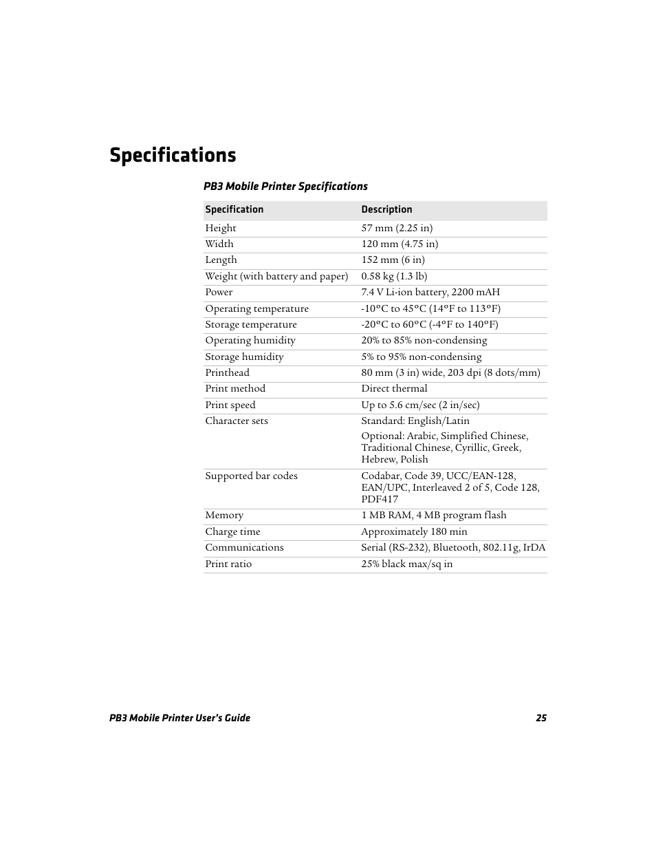 Specifications | Intermec Mobile PB3 User Manual | Page 35 / 38