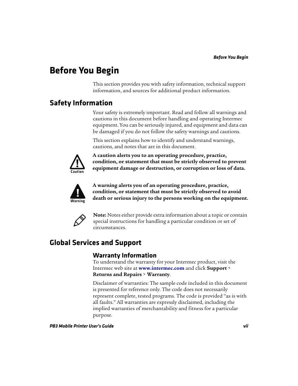 Before you begin, Safety information, Global services and support | Warranty information | Intermec Mobile PB3 User Manual | Page 7 / 38