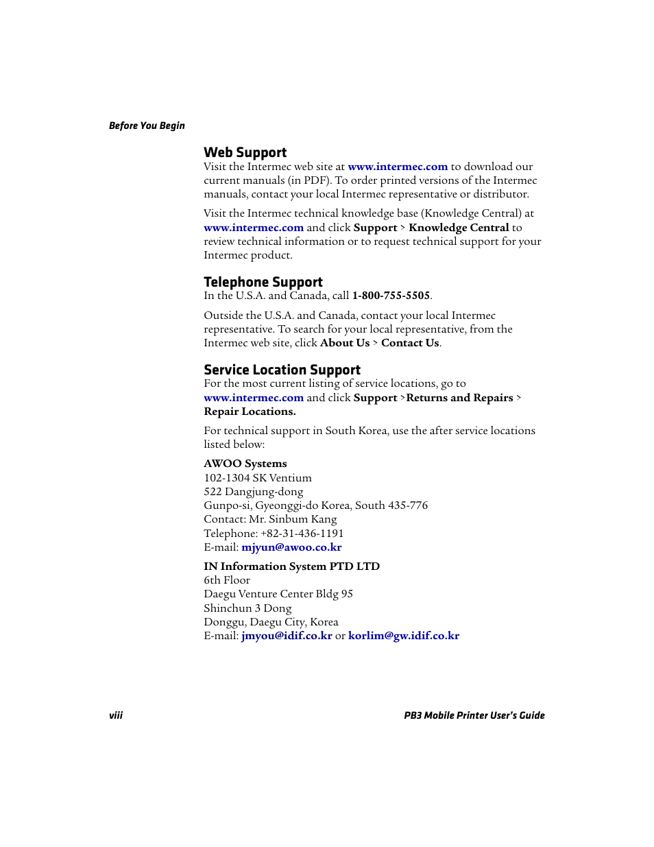 Web support, Telephone support, Service location support | Intermec Mobile PB3 User Manual | Page 8 / 38