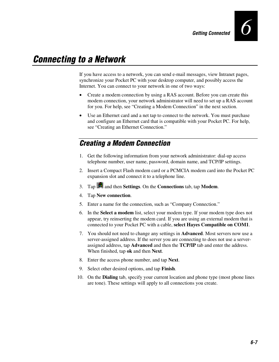 Connecting to a network, Creating a modem connection | Intermec 70 User Manual | Page 113 / 134