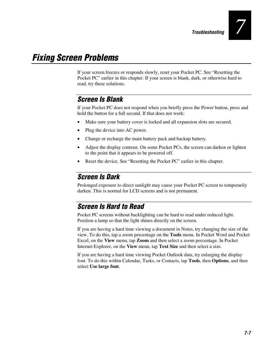 Fixing screen problems, Screen is blank, Screen is dark | Screen is hard to read | Intermec 70 User Manual | Page 123 / 134