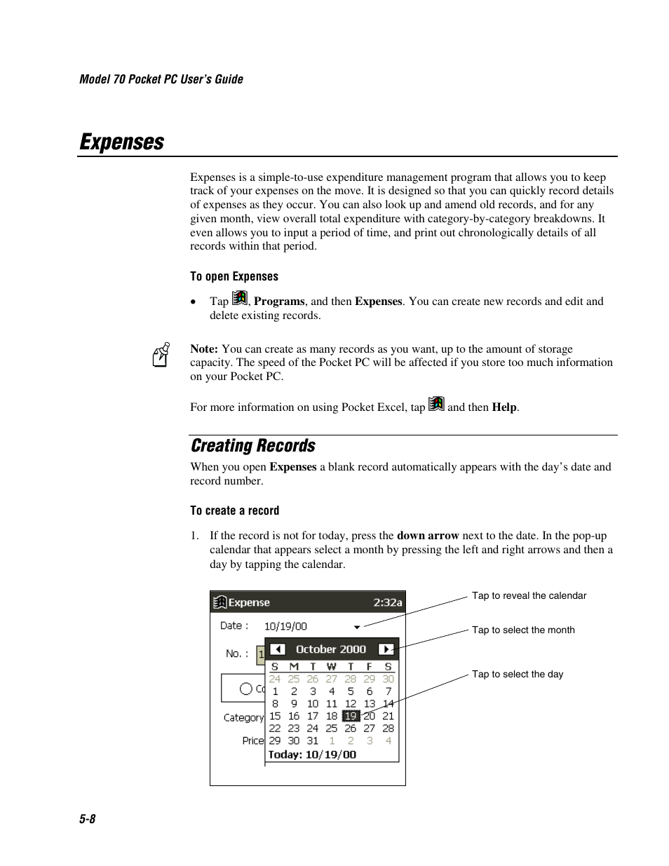 Expenses, Creating records | Intermec 70 User Manual | Page 90 / 134