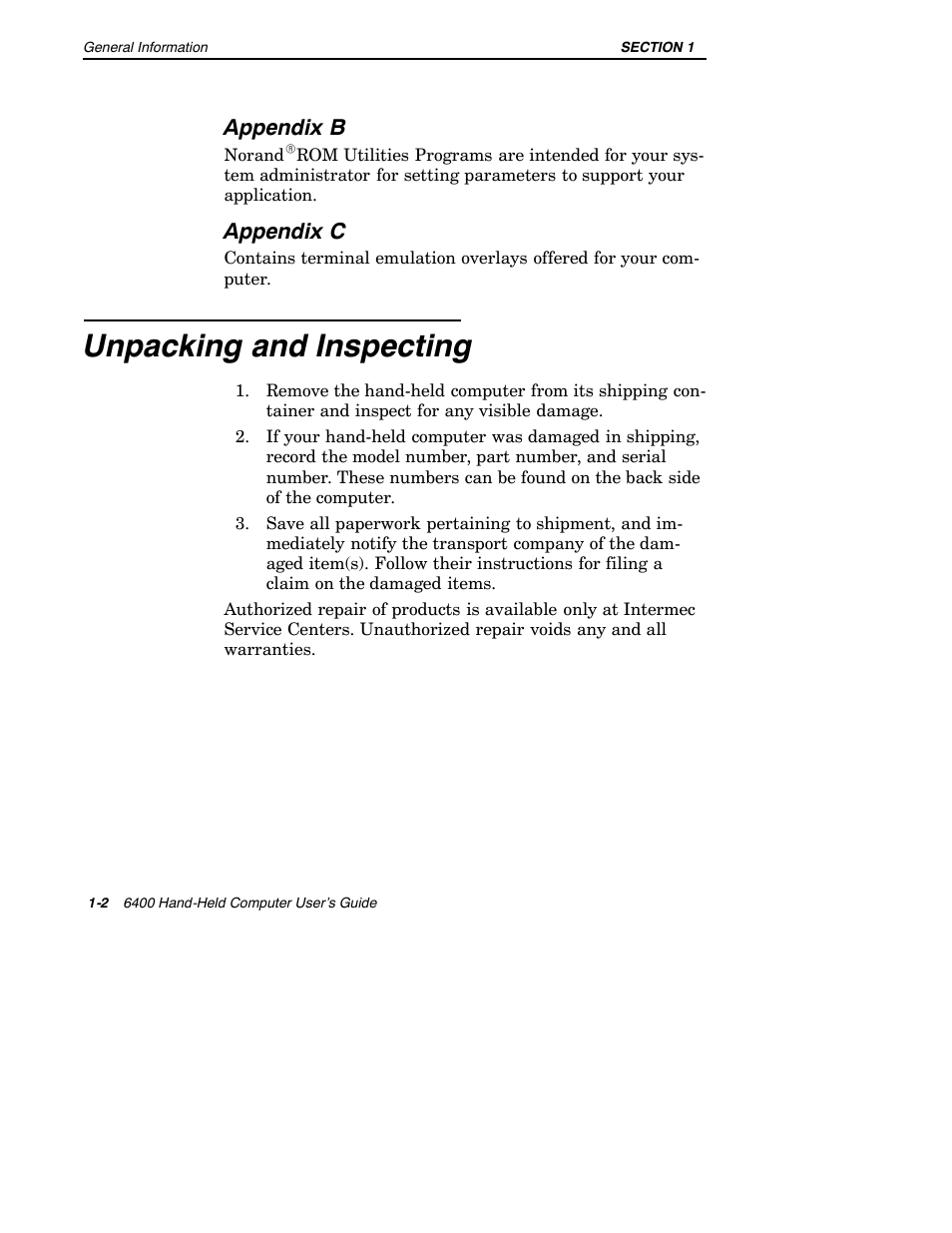 Unpacking and inspecting, Appendix b, Appendix c | Intermec 6400 User Manual | Page 10 / 196