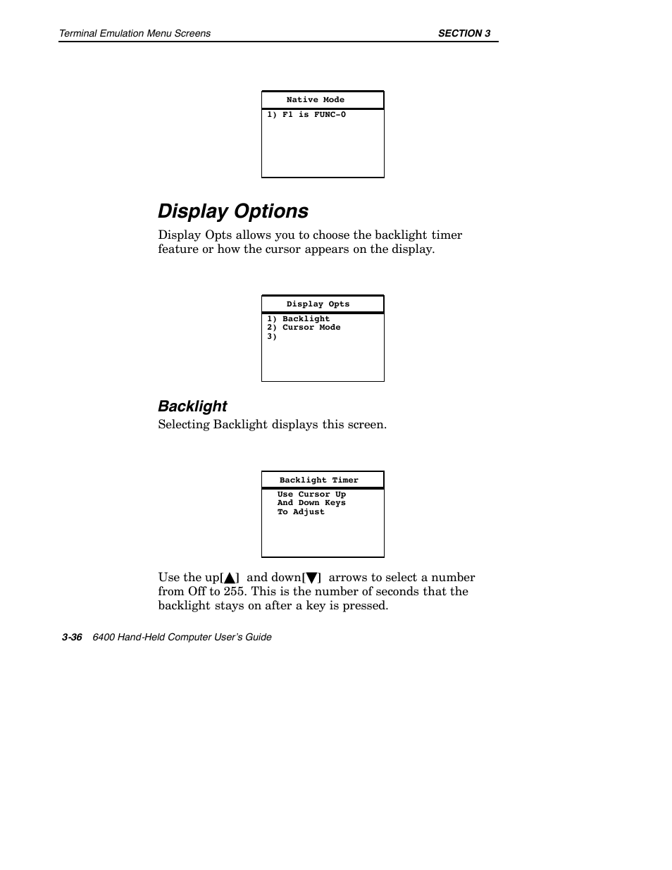 Display options, Backlight | Intermec 6400 User Manual | Page 108 / 196