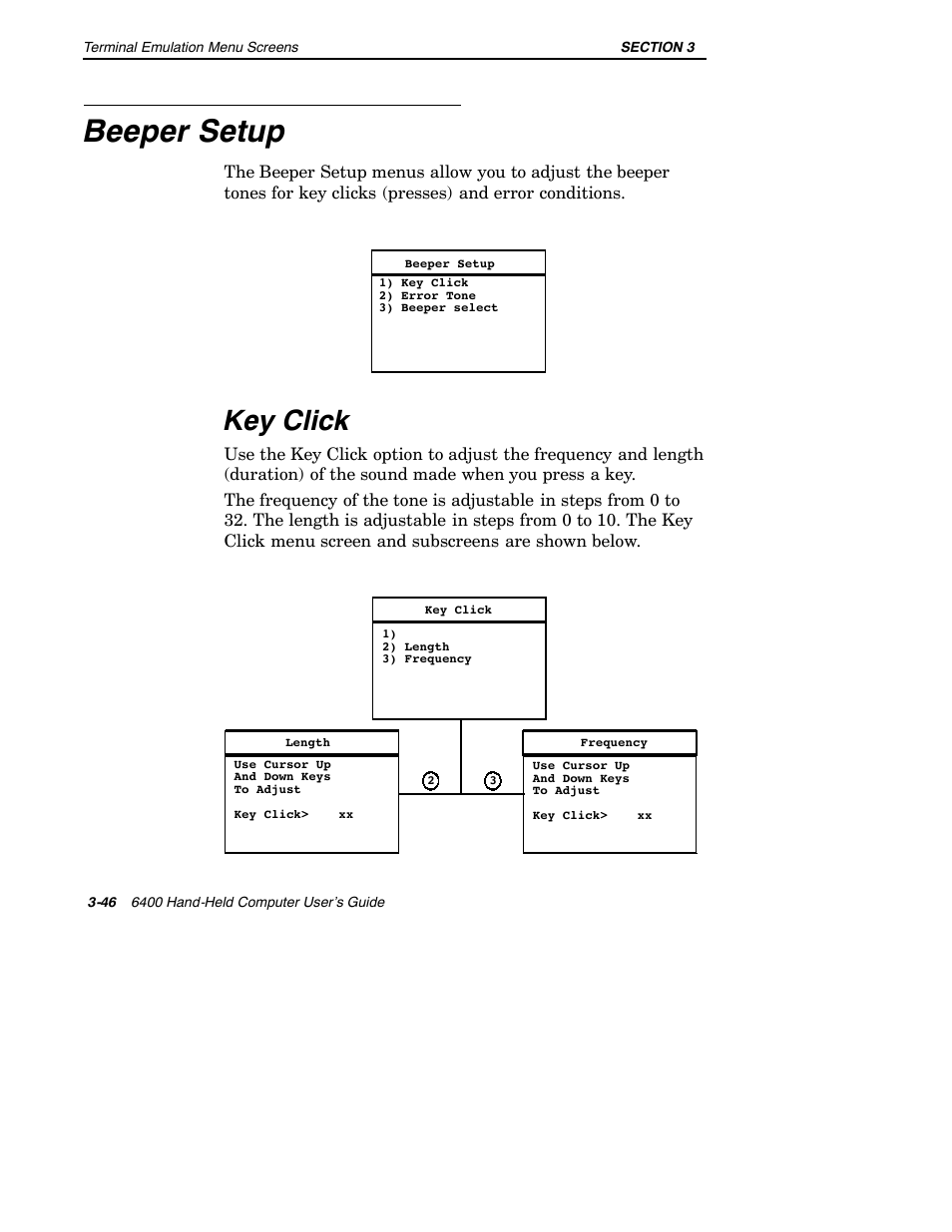 Beeper setup, Key click | Intermec 6400 User Manual | Page 118 / 196