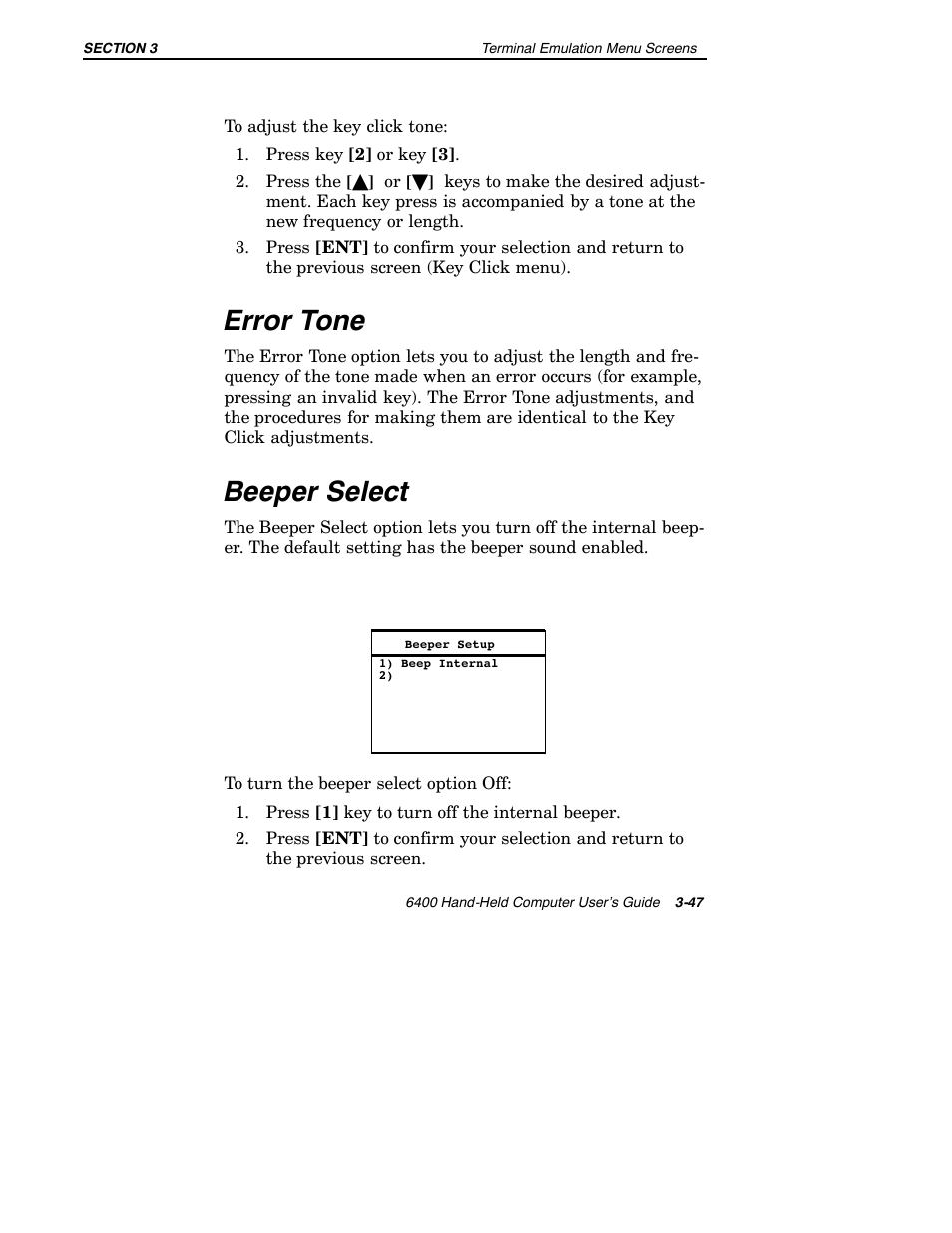 Error tone, Beeper select | Intermec 6400 User Manual | Page 119 / 196