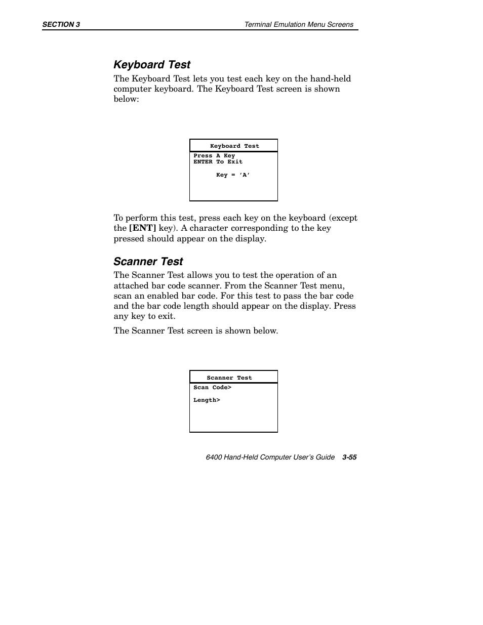 Keyboard test, Scanner test | Intermec 6400 User Manual | Page 127 / 196