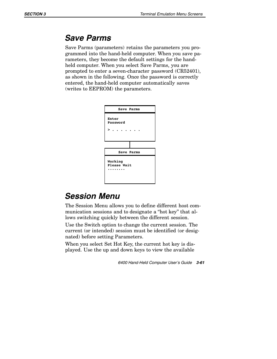 Save parms, Session menu | Intermec 6400 User Manual | Page 133 / 196