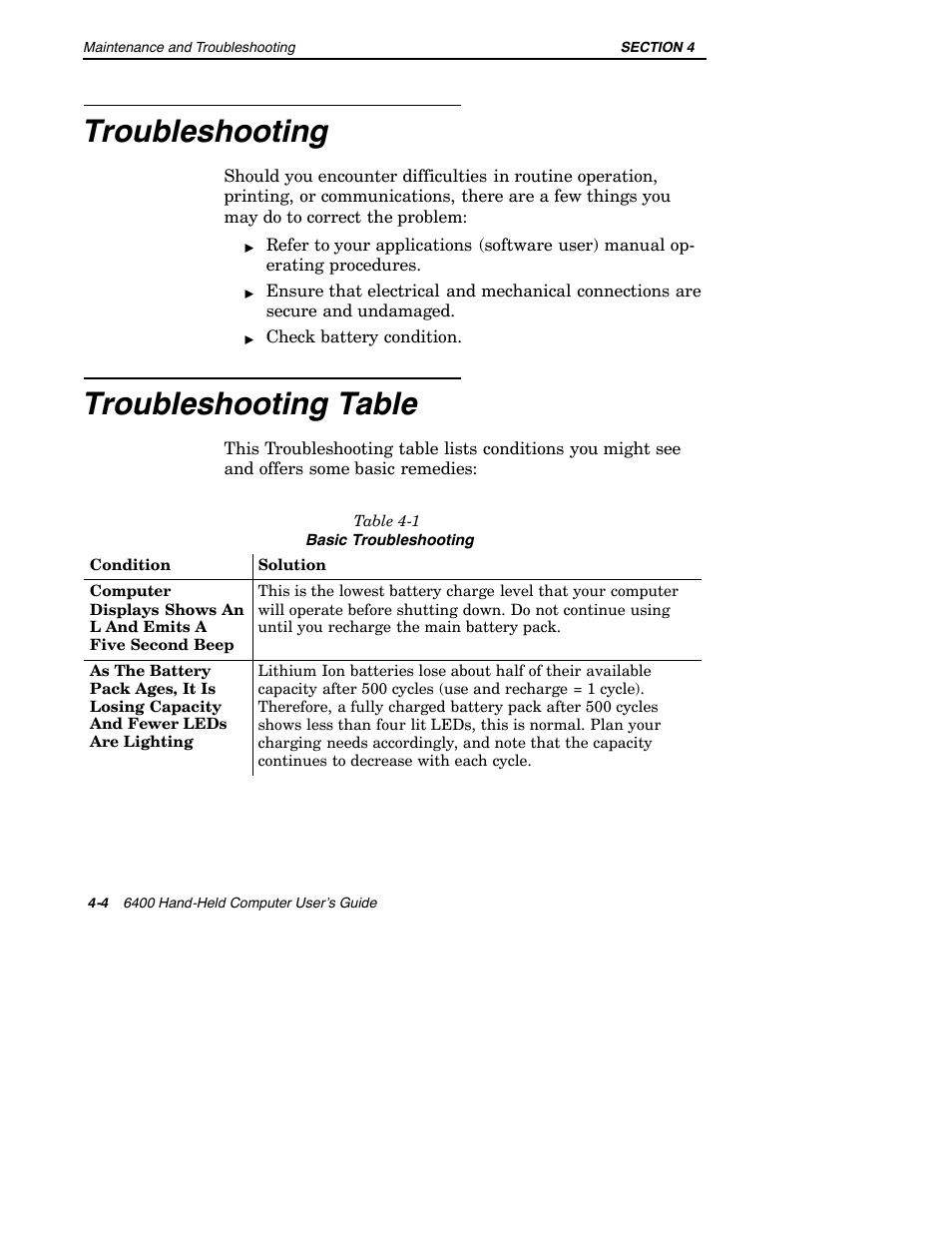 Troubleshooting, Troubleshooting table | Intermec 6400 User Manual | Page 140 / 196